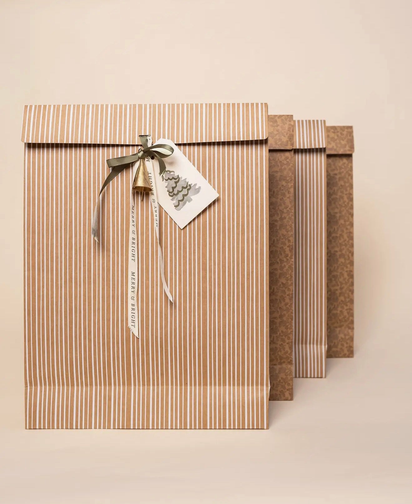 Stripe Kraft Bags w/ Ribbon (Set Of Six)